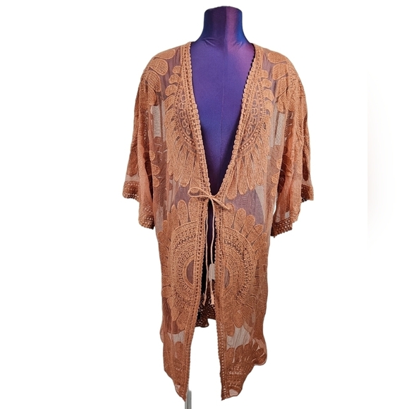 Style Apparel Sheer Lace Kimono Burnt Orange Bell‎ Sleeve Swim Cover-Up Small - Picture 1 of 10